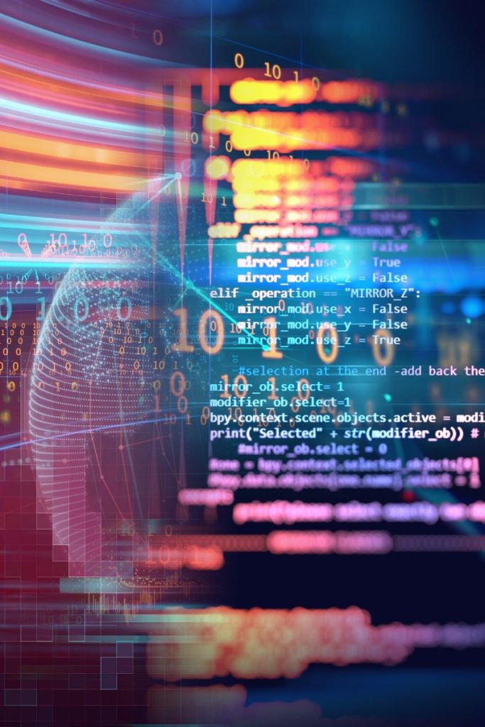 Software code in front of a virtual globe
