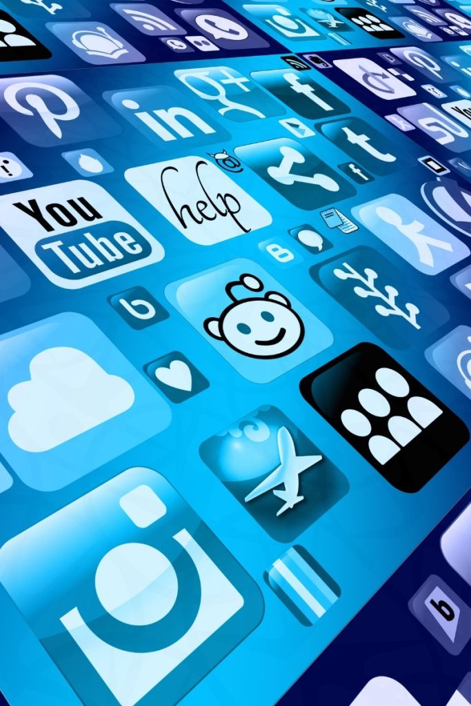 Social media icons across a blue display