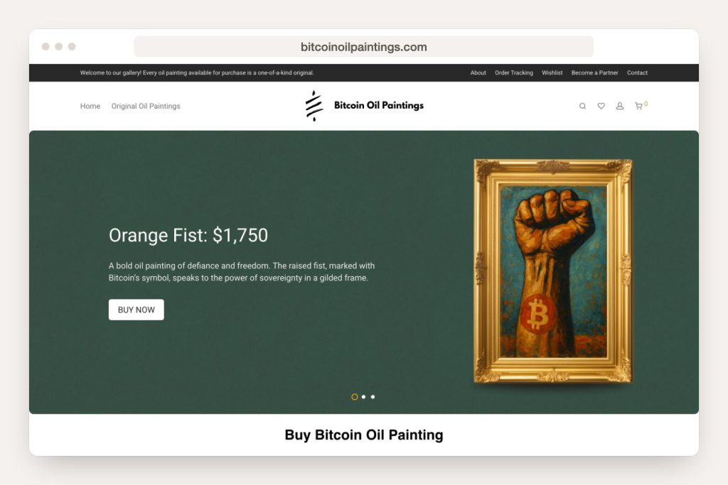 Home page of bitcoinoilpaintings.com shown in a browser window