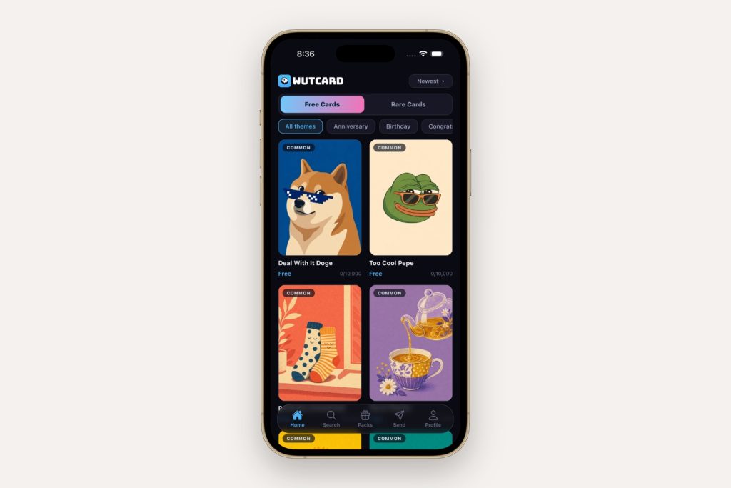 WUTCARD app home screen on a gold iPhone